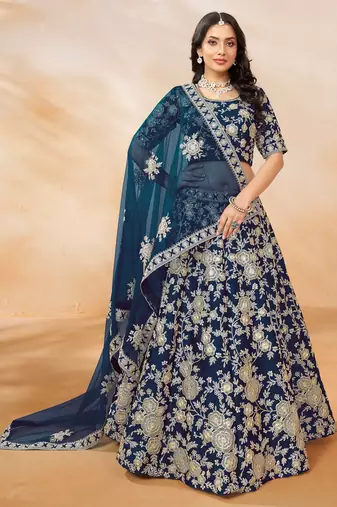 Blue Art Silk Sequins Work Semi Stitched Lehenga Choli Size Up To 42