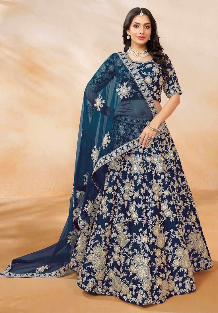 Blue Art Silk Sequins Work Semi Stitched Lehenga Choli Size Up To 42