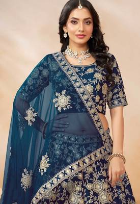 Blue Art Silk Sequins Work Semi Stitched Lehenga Choli Size Up To 42 2