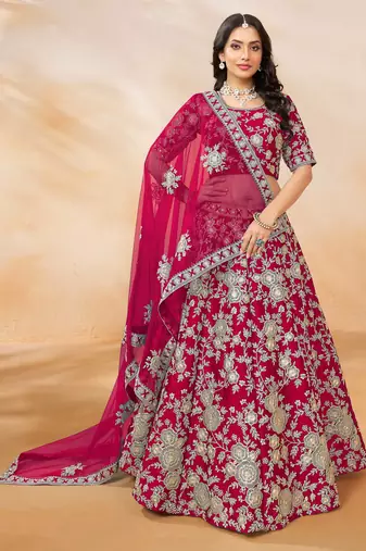 Pink Art Silk Sequins Work Semi Stitched Lehenga Choli Size Up To 42