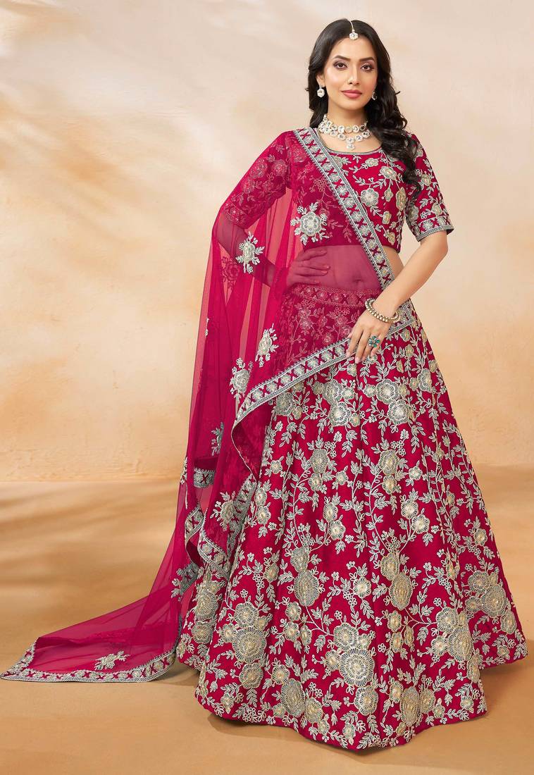 Pink Art Silk Sequins Work Semi Stitched Lehenga Choli Size Up To 42