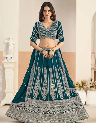 Teal Blue Georgette Zari Work Semi Stitched Lehenga Choli Size Up To 42 1