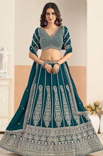 Teal Blue Georgette Zari Work Semi Stitched Lehenga Choli Size Up To 42