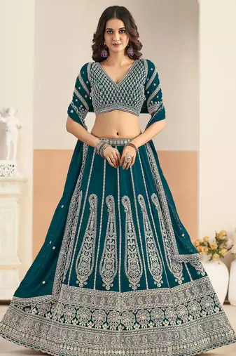 Teal Blue Georgette Zari Work Semi Stitched Lehenga Choli Size Up To 42