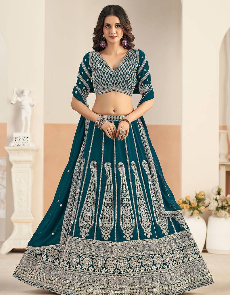 Teal Blue Georgette Zari Work Semi Stitched Lehenga Choli Size Up To 42