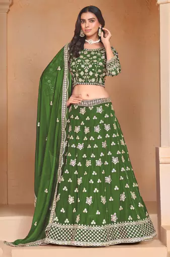 Green Organza Sequins Work Semi Stitched Lehenga Choli Size Up To 42