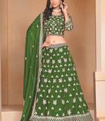Green Organza Sequins Work Semi Stitched Lehenga Choli Size Up To 42