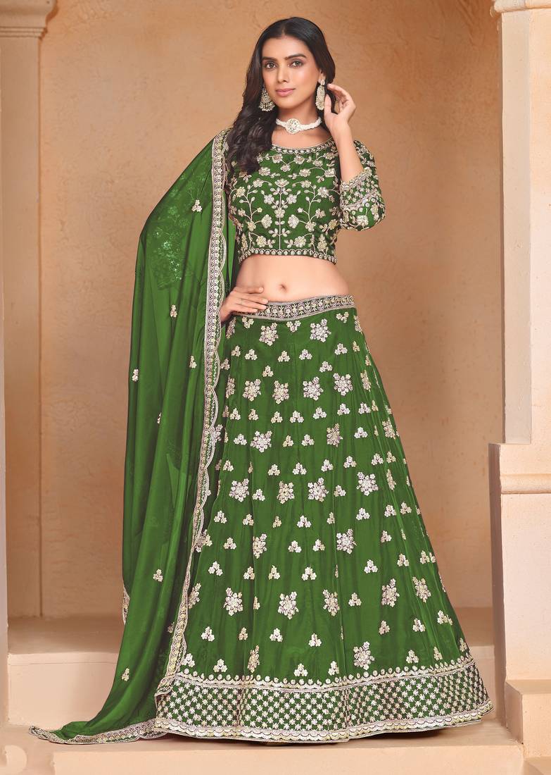 Green Organza Sequins Work Semi Stitched Lehenga Choli Size Up To 42