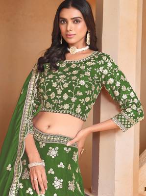 Green Organza Sequins Work Semi Stitched Lehenga Choli Size Up To 42 2