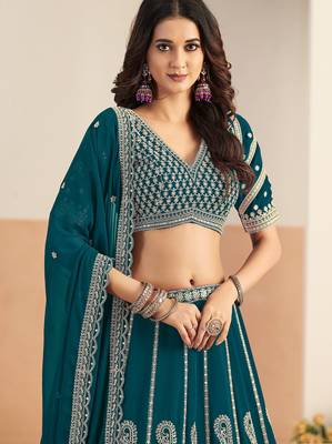 Teal Blue Georgette Zari Work Semi Stitched Lehenga Choli Size Up To 42 2