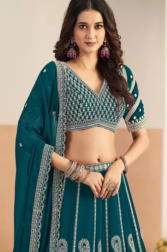 Teal Blue Georgette Zari Work Semi Stitched Lehenga Choli Size Up To 42