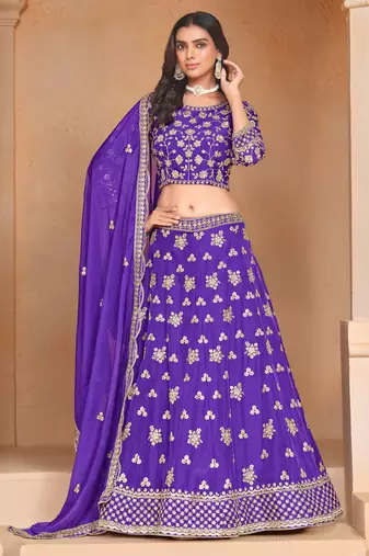 Purple Organza Sequins Work Semi Stitched Lehenga Choli Size Up To 42
