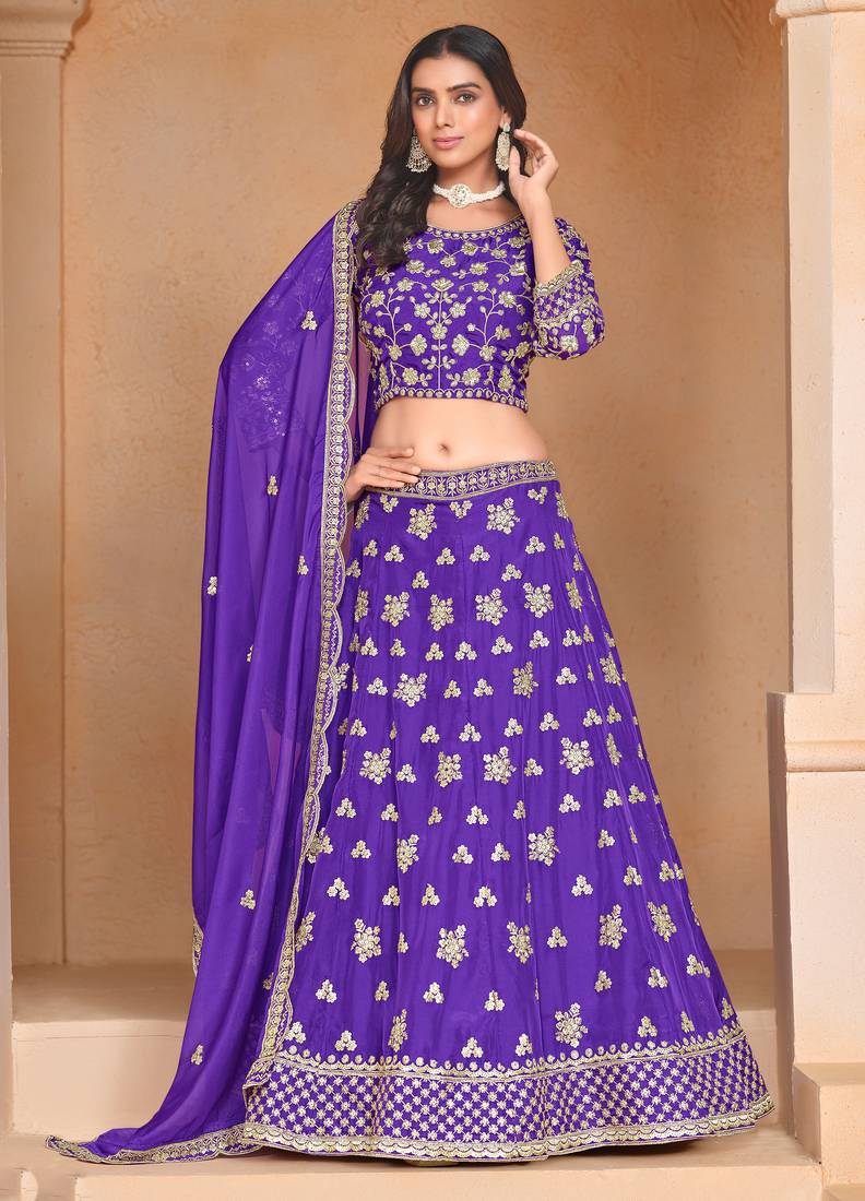 Purple Organza Sequins Work Semi Stitched Lehenga Choli Size Up To 42