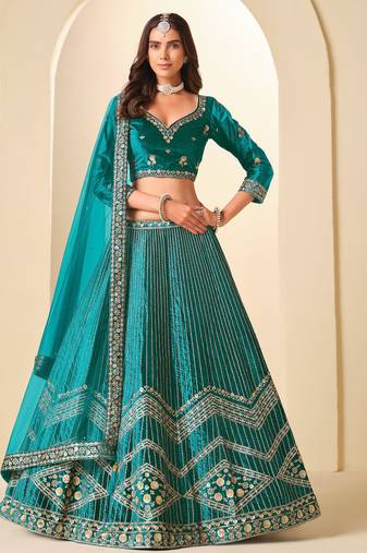 Teal Green Velvet Zari Work Semi Stitched Lehenga Choli Size Up To 42