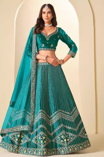 Teal Green Velvet Zari Work Semi Stitched Lehenga Choli Size Up To 42