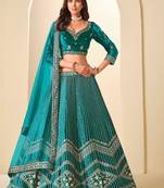 Teal Green Velvet Zari Work Semi Stitched Lehenga Choli Size Up To 42