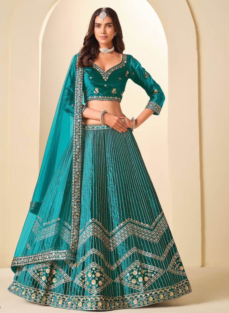 Teal Green Velvet Zari Work Semi Stitched Lehenga Choli Size Up To 42