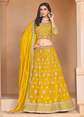 Mustard Organza Sequins Work Semi Stitched Lehenga Choli Size Up To 42 1