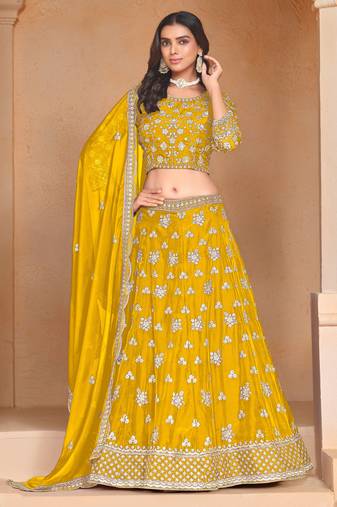 Mustard Organza Sequins Work Semi Stitched Lehenga Choli Size Up To 42