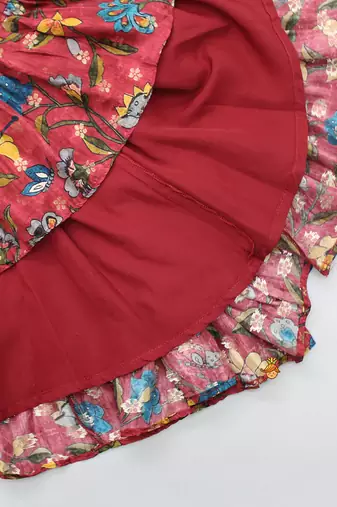 Red floral print cotton flared ruffle lehenga choli set