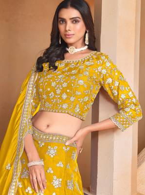 Mustard Organza Sequins Work Semi Stitched Lehenga Choli Size Up To 42 2