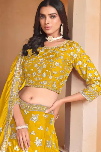Mustard Organza Sequins Work Semi Stitched Lehenga Choli Size Up To 42