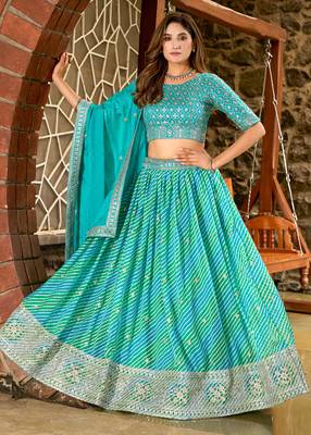 Teal Green Art Silk Hand Embroidery Semi Stitched Lehenga Choli Size Up To 42 1