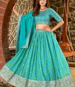 Teal Green Art Silk Hand Embroidery Semi Stitched Lehenga Choli Size Up To 42