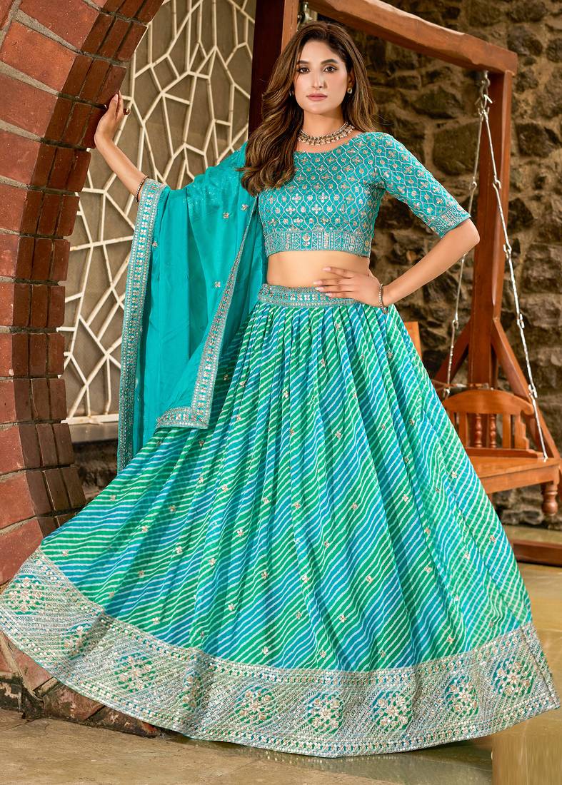Teal Green Art Silk Hand Embroidery Semi Stitched Lehenga Choli Size Up To 42