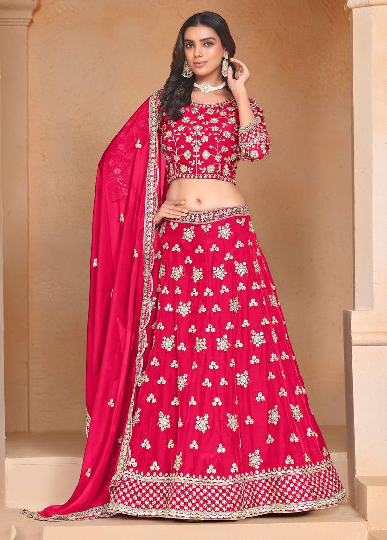 Pink Organza Sequins Work Semi Stitched Lehenga Choli Size Up To 42