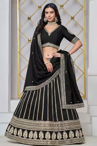 Black Art Silk Sequins Work Semi Stitched Lehenga Choli Size Up To 42