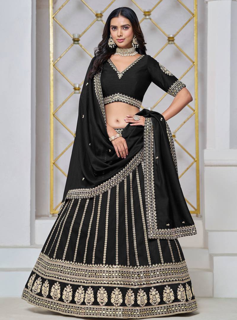 Black Art Silk Sequins Work Semi Stitched Lehenga Choli Size Up To 42