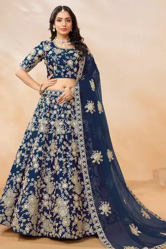 Teal Blue Art Silk Hand Embroidery Semi Stitched Lehenga Choli Size Up To 42