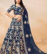 Teal Blue Art Silk Hand Embroidery Semi Stitched Lehenga Choli Size Up To 42