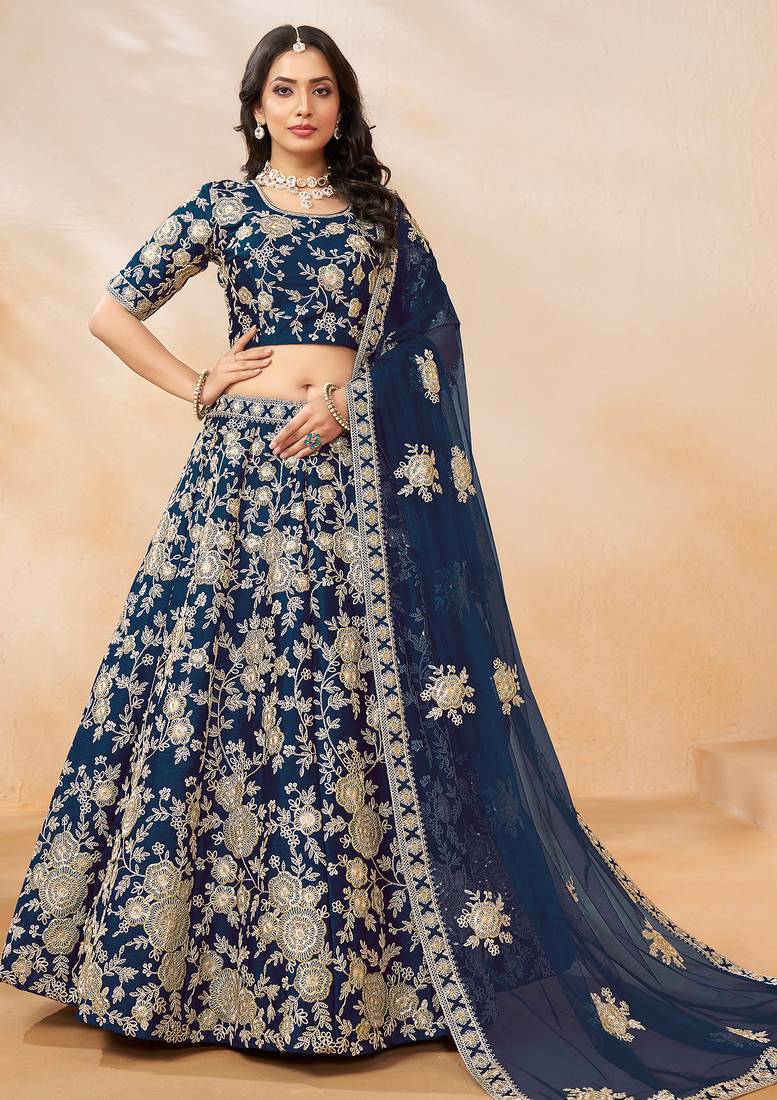 Teal Blue Art Silk Hand Embroidery Semi Stitched Lehenga Choli Size Up To 42