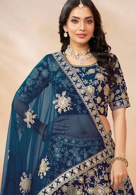 Teal Blue Art Silk Hand Embroidery Semi Stitched Lehenga Choli Size Up To 42 2