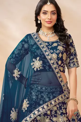Teal Blue Art Silk Hand Embroidery Semi Stitched Lehenga Choli Size Up To 42