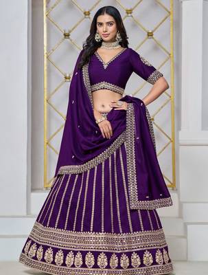 Purple Art Silk Sequins Work Semi Stitched Lehenga Choli Size Up To 42 1