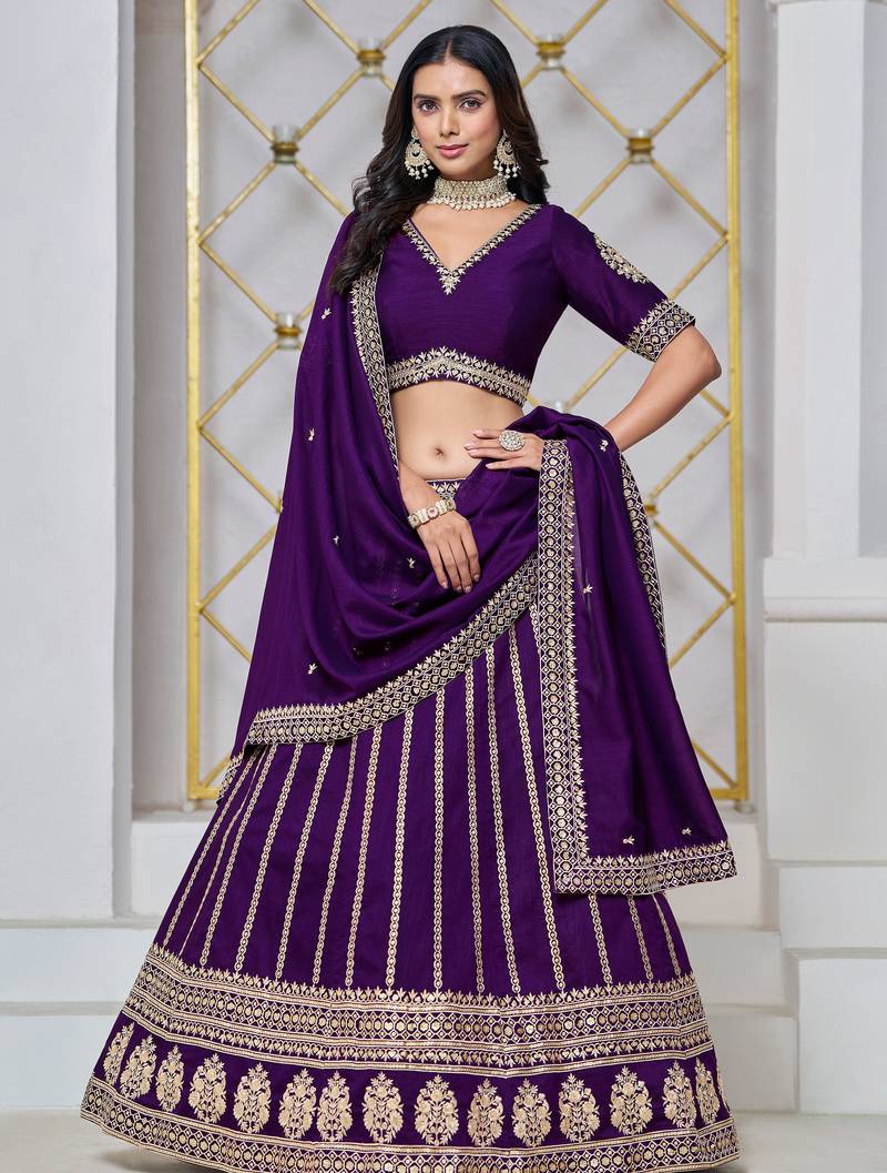 Purple Art Silk Sequins Work Semi Stitched Lehenga Choli Size Up To 42