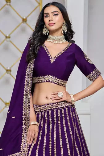 Purple Art Silk Sequins Work Semi Stitched Lehenga Choli Size Up To 42