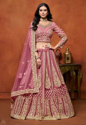 Pink Net Sequins Work Semi Stitched Lehenga Choli Size Up To 42 1