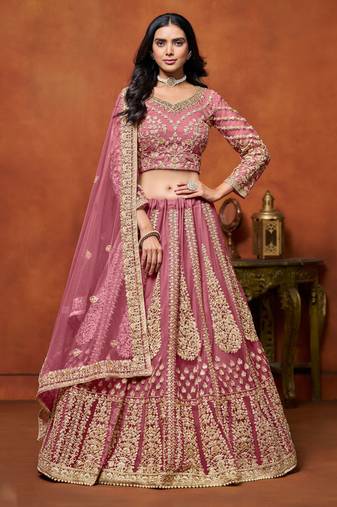 Pink Net Sequins Work Semi Stitched Lehenga Choli Size Up To 42