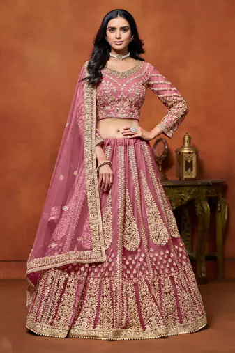 Pink Net Sequins Work Semi Stitched Lehenga Choli Size Up To 42