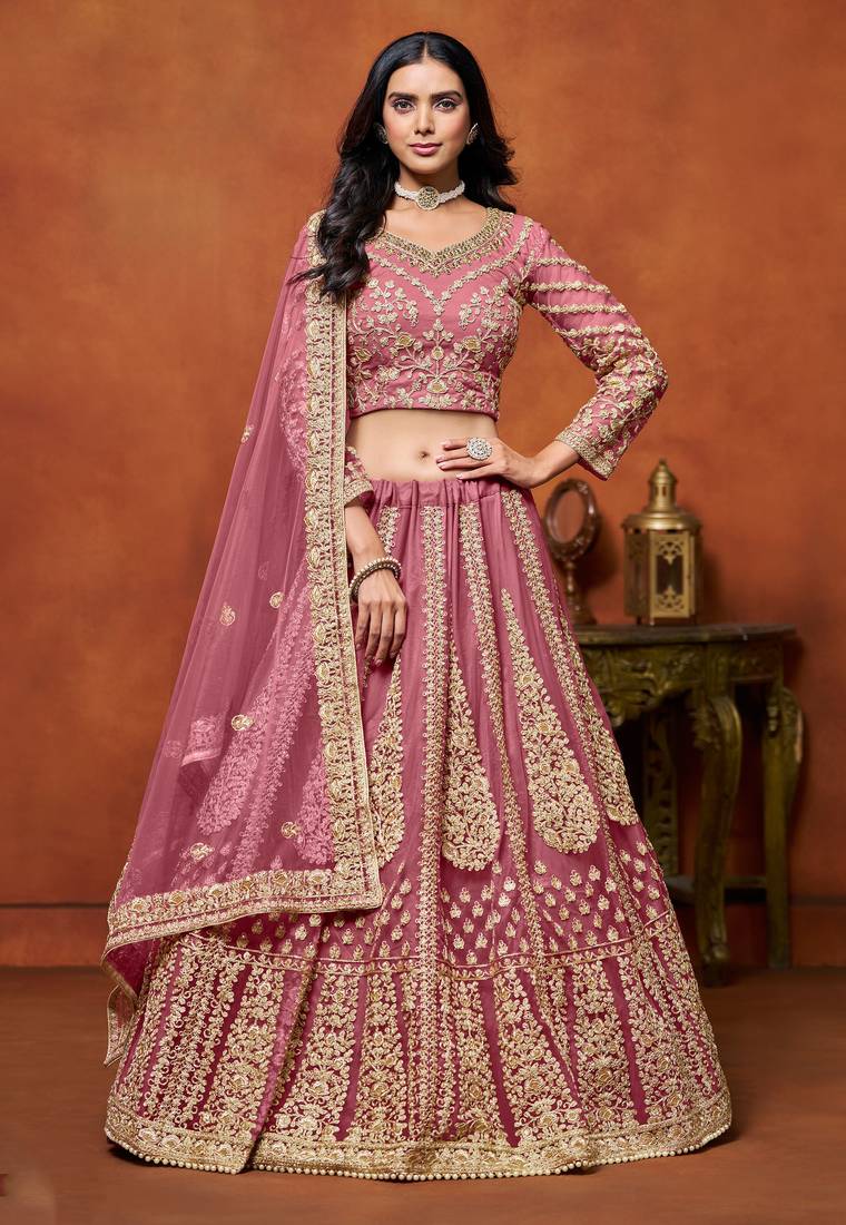 Pink Net Sequins Work Semi Stitched Lehenga Choli Size Up To 42