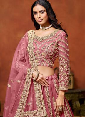 Pink Net Sequins Work Semi Stitched Lehenga Choli Size Up To 42 2