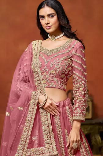 Pink Net Sequins Work Semi Stitched Lehenga Choli Size Up To 42