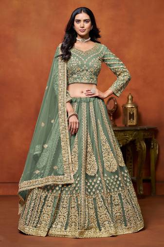 Green Net Sequins Work Semi Stitched Lehenga Choli Size Up To 42