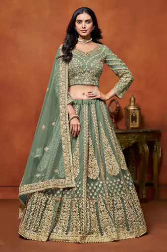 Green Net Sequins Work Semi Stitched Lehenga Choli Size Up To 42