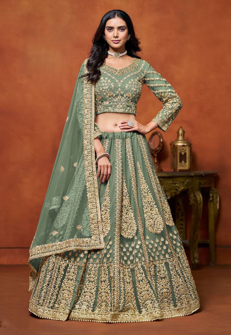 Green Net Sequins Work Semi Stitched Lehenga Choli Size Up To 42