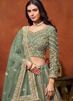 Green Net Sequins Work Semi Stitched Lehenga Choli Size Up To 42 2